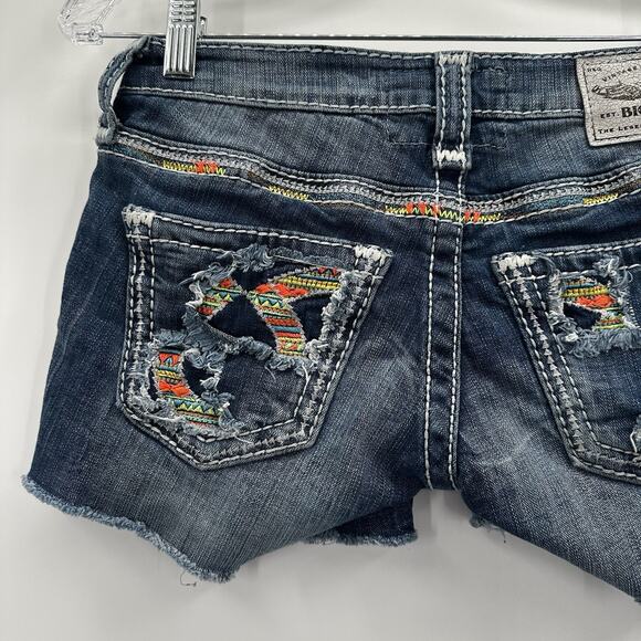 Big Star Shorts Womens 24 Blue Denim Jean MulticolorNeon Embroidered Distressed - Picture 5 of 14